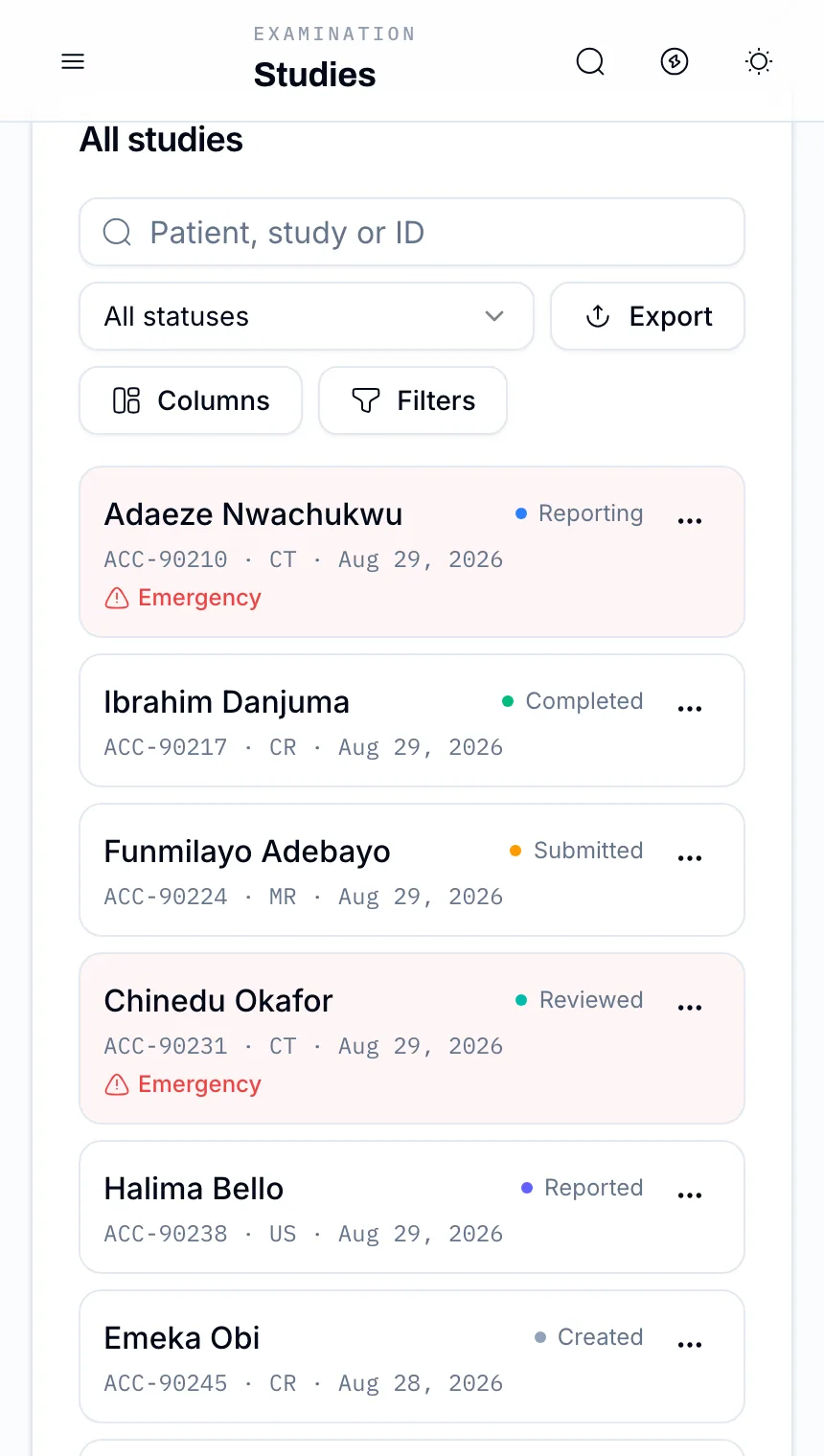 The RadSync portal's study list, showing each study with its accession number, modality, date and reporting status.